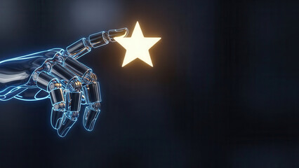 Robotic hand reaching for glowing star blue neon outline dark background futuristic