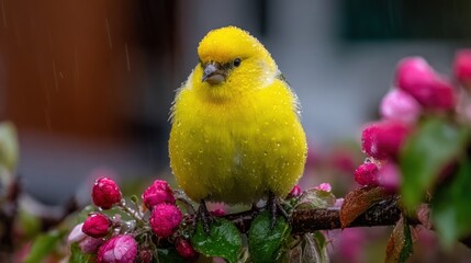Yellow Baby Bird Sitting on Wet Pink Flower Branch in Rainy Weather