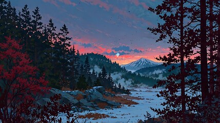 Aesthetic Retro Anime Landscape of a Snowy Mountain Forest at Sunset