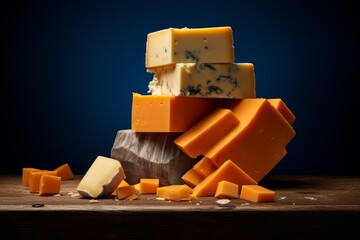 Blocks of assorted cheddar, blue cheese, and soft cheese resting on a rustic wooden board