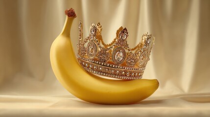Yellow Banana with Ornate Silver Crown on Elegant Satin Background