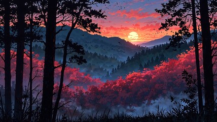 Vibrant Anime Landscape Illustration of Sunset Over Forested Mountains