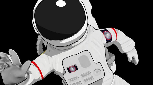 An astronaut drifts in space against a black backdrop, white suit, red trim, visor gleaming hovering