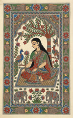 Indian woman in traditional attire sits under a tree with peacocks and elephants