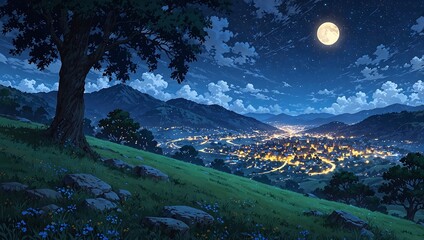 Anime Style Night Scenery Illustration of a Peaceful Town Under a Full Moon