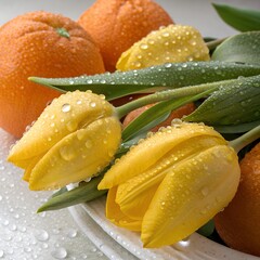 Yellow tulips and ripe oranges glistening with rain, macro realism, clean and beautiful background