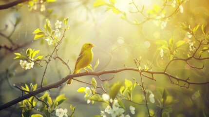 Yellow Bird Sitting on Blooming Tree Branch in Bright Spring Forest