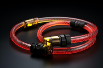 Transparent tubing with glowing red and yellow liquid circulating through internal connections on a dark background