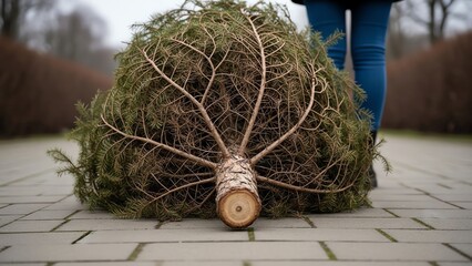Christmas tree on pavement with person in background