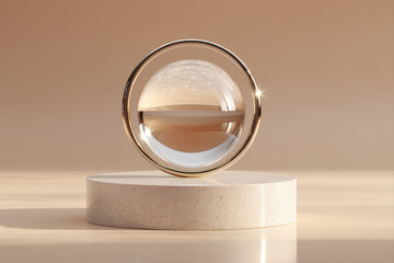 Floating glass sphere inside chrome ring above matte podium on beige floor