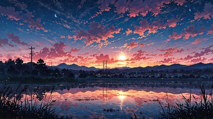 Anime style illustration of a sunset landscape with pink clouds and mountain reflections over a lake