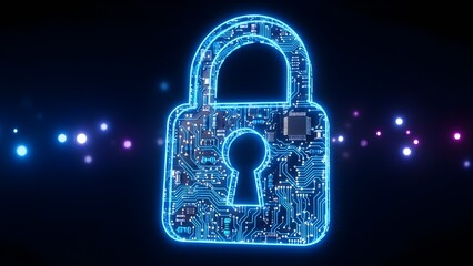 Glowing blue digital padlock shaped by circuitry symbolizes high tech security and data protection concepts against a dark background
