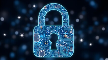 Glowing digital padlock symbol made of computer circuits represents strong network security and data protection concept