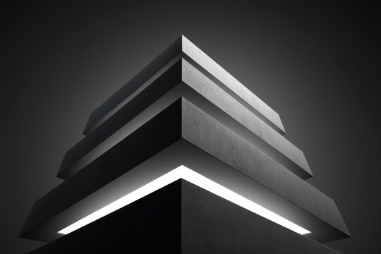 Abstract 3D tower with stacked offset rectangular slabs and illuminated thin gaps on matte base