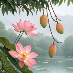 Pink lotus flowers and mangoes in light rainfall, sharp details, serene beautiful background