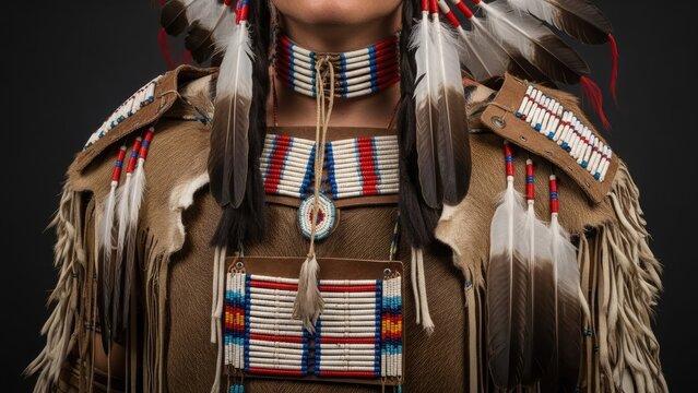 Close-up of a Native American man in traditional regalia, featuring a feathered headdress and intricate beadwork.