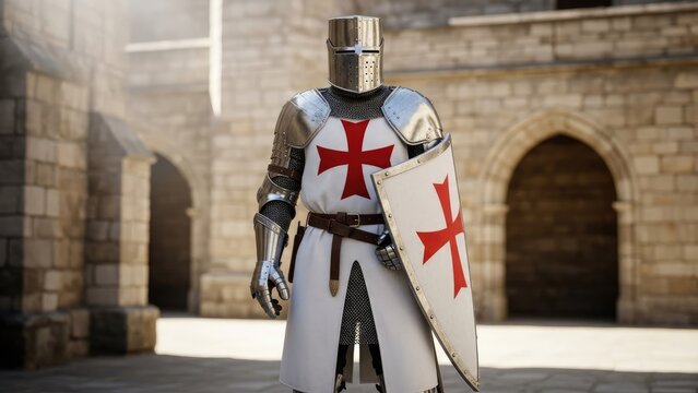 Crusader Knight in Full Armor Standing in a Medieval Castle Courtyard.