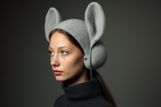 Woman wearing gray knit mouse ear headphones looking away in profile