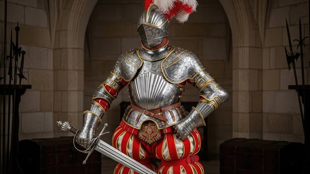 Full Suit of Medieval Armor with Sword and Plumed Helmet Displayed in a Castle Setting.