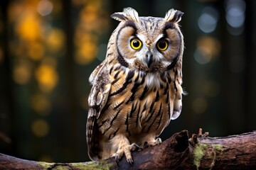 Fototapeta premium Long eared owl perched on a mossy branch, looking directly forward with bright yellow eyes