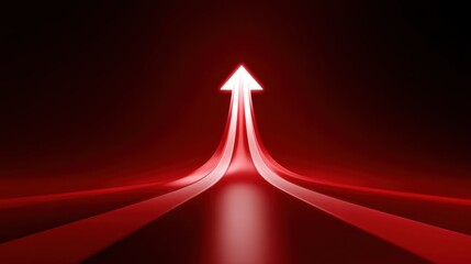 Abstract red arrow design with light trails indicating direction and movement on a smooth surface against a dark background for dynamic visuals