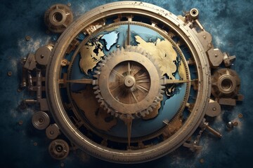 Obraz premium Steampunk inspired globe with gears representing global connectivity, technology, business, and exploration