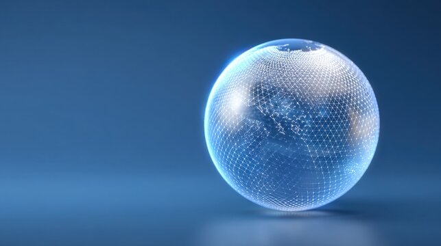 Transparent Globe with Geometric Network Design Illuminating Against a Gradual Blue Background Representing Global Connectivity and Digital Technology - Powered by Adobe