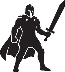 lack silhouette of warrior holding sword on white background, vector
