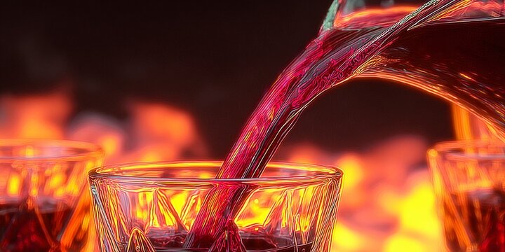 Red liquid pours from a decanter into a faceted crystal glass with glowing amber lights