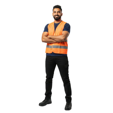 South Asian worker in orange vest, cutout isolated on transparent background