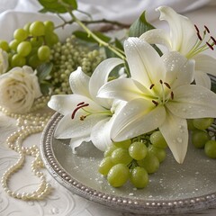 White lilies and green grapes with raindrops, high clarity, elegant beautiful background