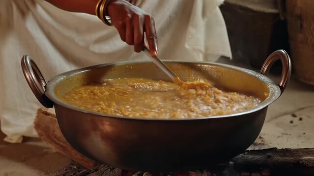 Dynamic close-up of a woman stirring a bubbling bronze pot of sweet chakkara pongal over a wood fire in an outdoor kitchen during the harvest festival concept of traditional cooking and festive sweet