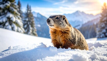 Obraz premium Marmot standing upright in snowy landscape with falling snowflakes, sunlit winter background and mountains.