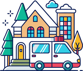 Naklejka premium Colored line art of a snowy house with a delivery van in front, white background.