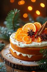 Christmas Mood" cake template for a holiday menu design: decorated with oranges, cinnamon sticks, and star anise, suitable for Christmas Eve