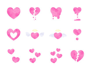 さまざまなハートのシンプルな手描き水彩イラストセット ピンク