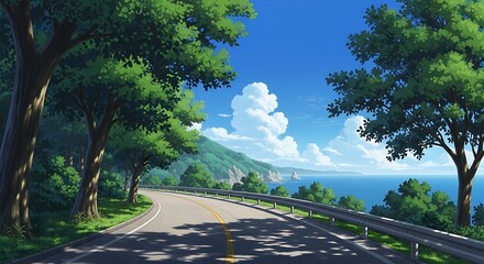 Beautiful Anime Style Coastal Road Landscape with Lush Green Trees and Serene Blue Ocean Under a Sunny Sky
