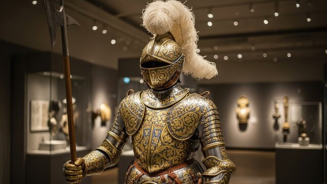 Ornate Golden Knight Armor with Plumed Helmet in a Museum Exhibit.