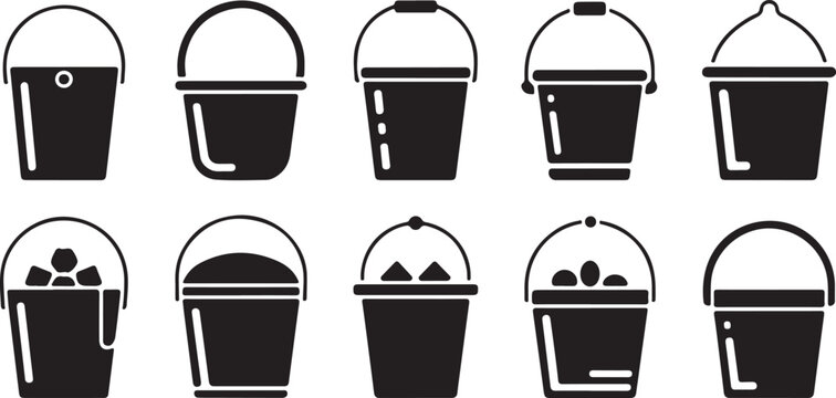 A collection of ice bucket silhouette icon set. simple design black color and white background