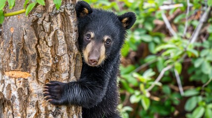 Young Bear Cub Climbing Tree in Natural Forest Setting