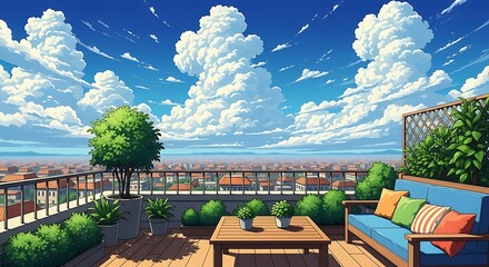 Vibrant Anime Style Rooftop Balcony with City View Under a Sunny Blue Sky and Fluffy Clouds