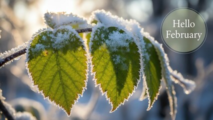 Frozen leaves with frost and sunlight