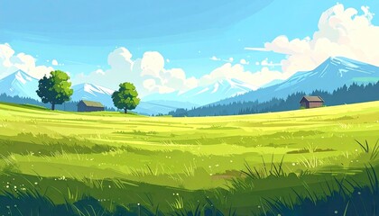 Obraz premium Vibrant Green Meadow Landscape with Distant Mountains and Blue Sky.
