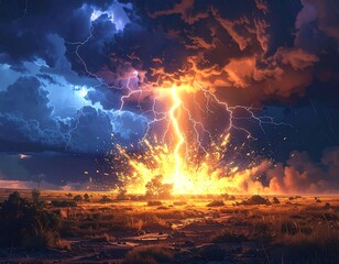 Dramatic lightning strikes over a desolate landscape