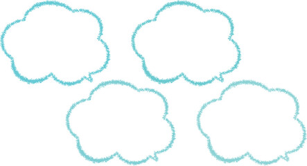 青系のクレヨンで描いた吹き出しセット。雲の形をしたかわいい手描き風のふきだし。青系の異なる色が4色ある。