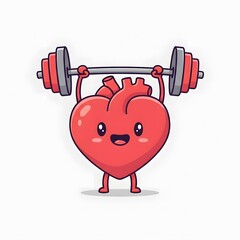 Cute flat cartoon illustration of a red human heart with a simple heart like shape lifting a barbell above its head small trunk like arms and legs expressive cheerful style minimal details smooth outl