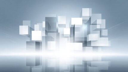 Abstract geometric composition of translucent cubes creating a futuristic urban landscape with soft highlights and reflections in a cool color scheme.