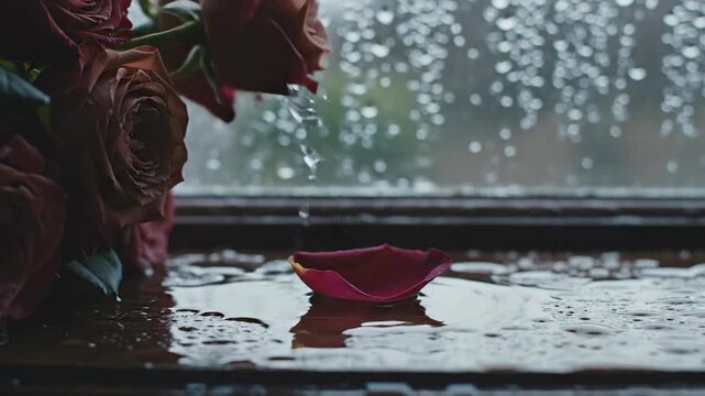 A single wilting rose petal falls from a bouquet on a wet surface during a rainy day.