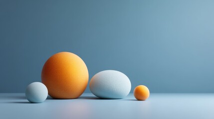 Abstract composition of colorful spheres and orbs on a smooth surface against a minimalist blue background, showcasing modern design elements and aesthetics