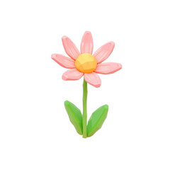 Naklejka premium Colorful low poly pink flower with green leaves on white background